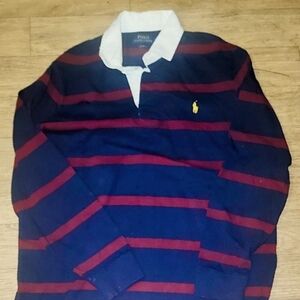 Polo by Ralph Lauren Men's Blue and Burgundy Striped Shirt